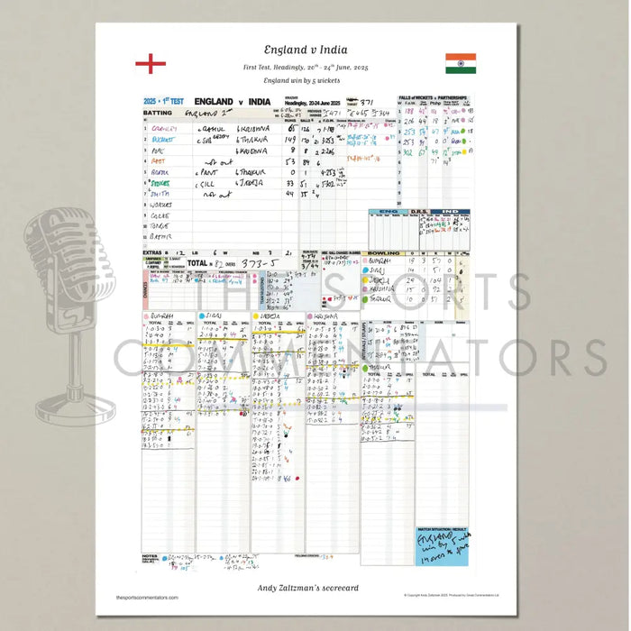 CRICKET England v India First Test Headingley 20-24 June 2025. Andy Zaltzman. A3 Print Only (final innings) Picture
