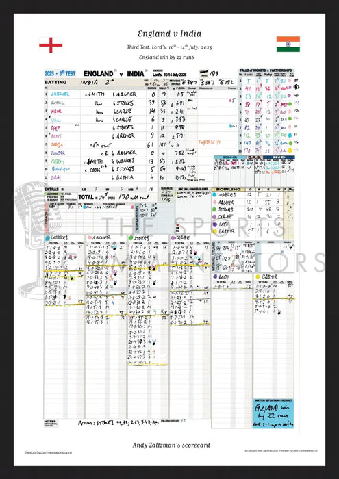 CRICKET England v India Third Test Lord’s 10-14 July 2025. Andy Zaltzman. A3 Framed Print (final innings) Picture Frames
