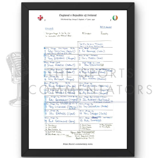 FOOTBALL England v Republic of Ireland World Cup Group F Cagliari Italy. 11 June 1990. Brian Moore. A3 Framed Print