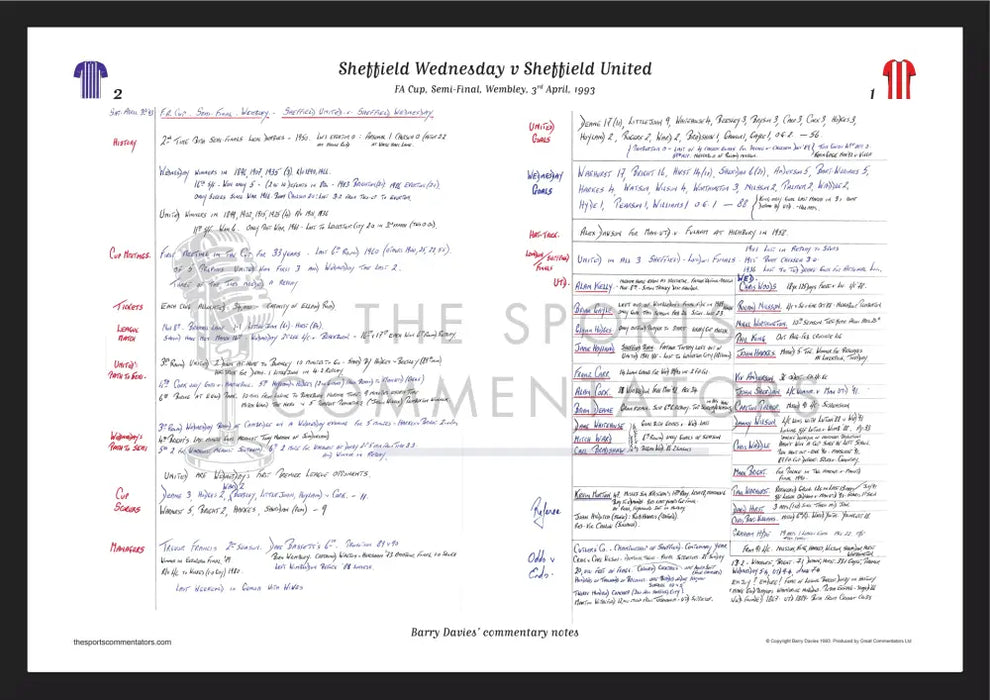 FOOTBALL Sheffield Wednesday v Sheffield United FA Cup Semi Final Wembley Stadium 3 April 1993. Barry Davies. A3 Framed