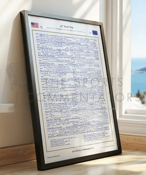 Print of John Murray's commentary sheets on Europe's 2025 Ryder Cup win against USA at Bethpage Black, New York