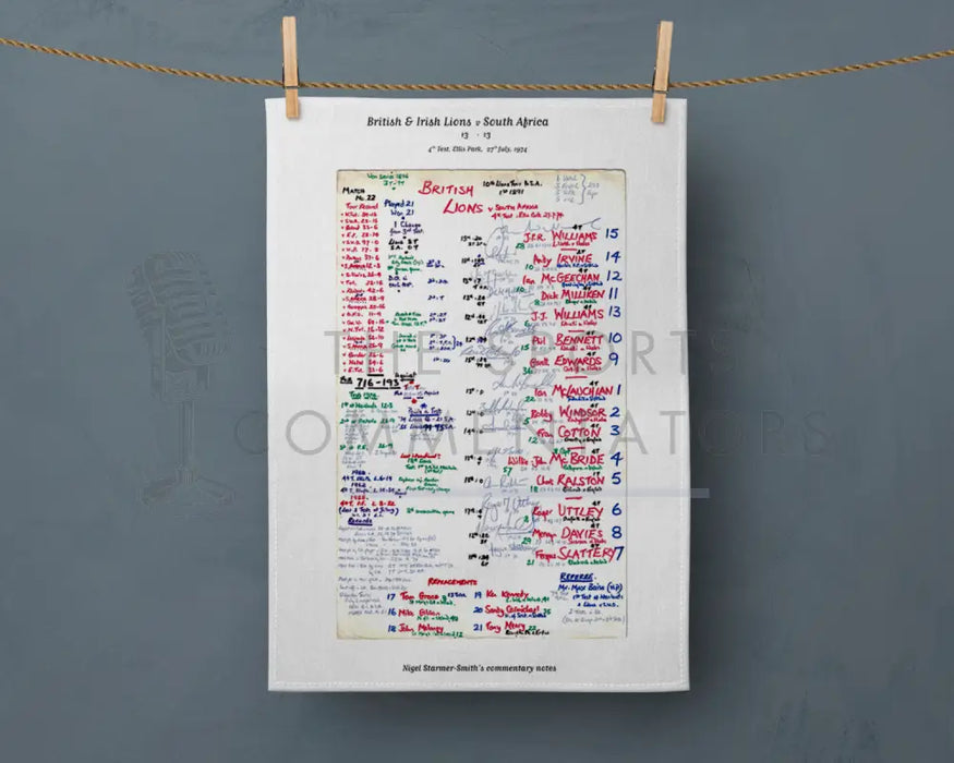 Tea Towel: British and Irish Lions v South Africa 4th Test Ellis Park 1974. Nigel Starmer- Smith Tea Towel