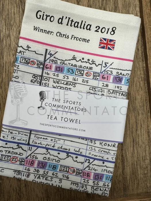 Tea Towel: Cycling. Giro D’Italia 2018 won by Chris Froome. Carlton Kirby. Tea Towel