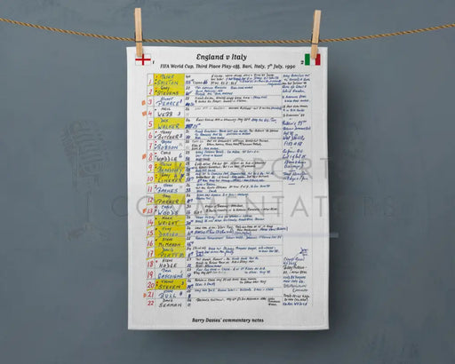 Tea Towel: FIFA World Cup England v Italy Bari 7 July 1990. Barry Davies Tea Towel