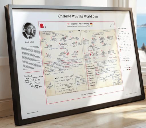 A framed print of Hugh John's commentary notes to the 1996 football World Cup Final between England and Germany