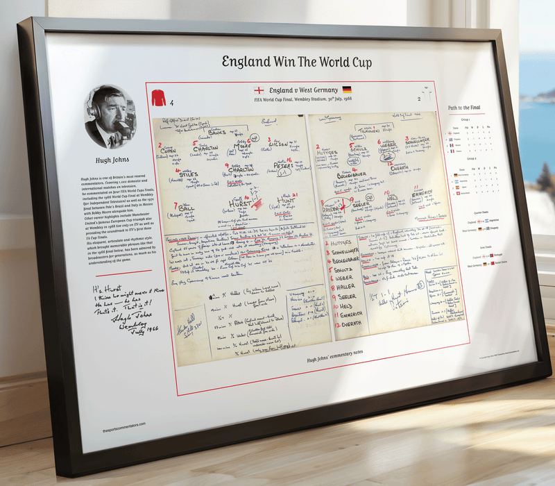 A framed print of Hugh John's commentary notes to the 1996 football World Cup Final between England and Germany