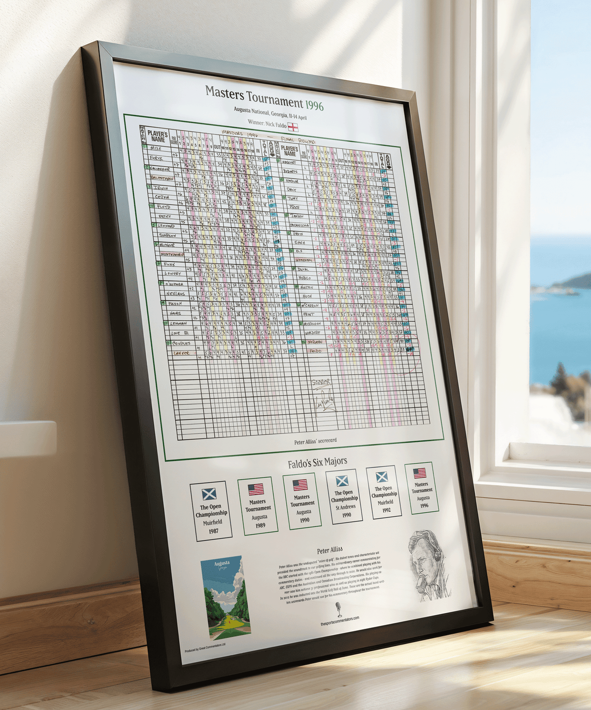 Framed print of Peter Alliss' original scorecard from Nick Faldo's Masters win at Augusta