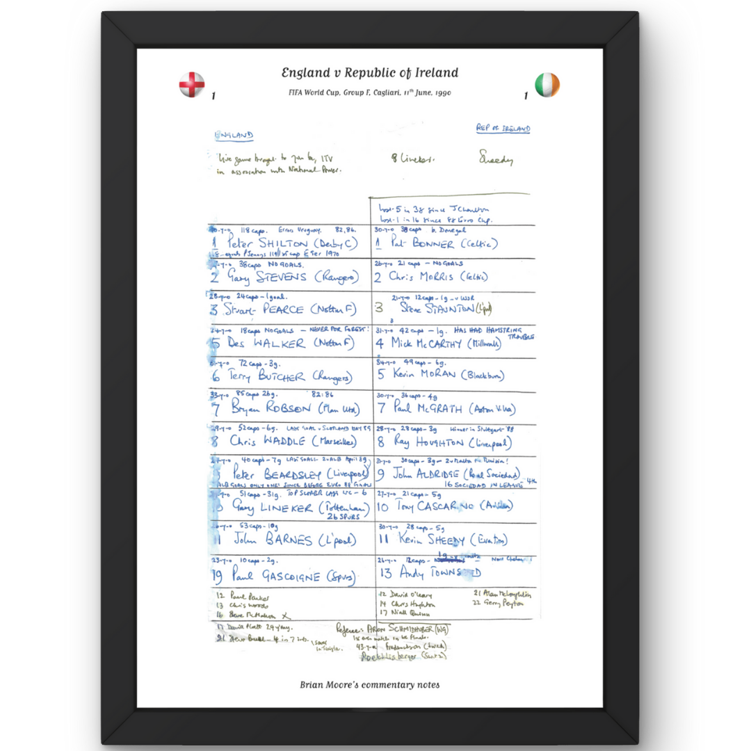 FOOTBALL England v Republic of Ireland World Cup Group F Cagliari Italy. 11 June 1990. Brian Moore. A3 Framed Print