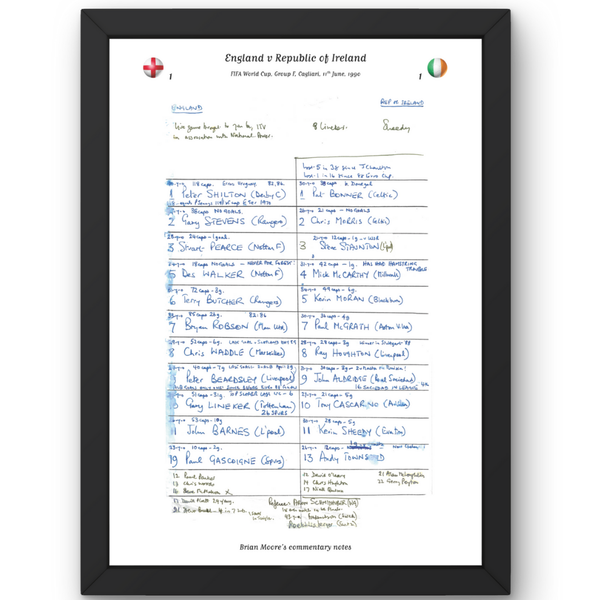 FOOTBALL England v Republic of Ireland World Cup Group F Cagliari Italy. 11 June 1990. Brian Moore. A3 Framed Print
