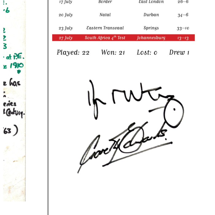 RUGBY UNION 1974 British Lions, The Invincibles. Signed Limited Edition. Nigel Starmer-Smith.