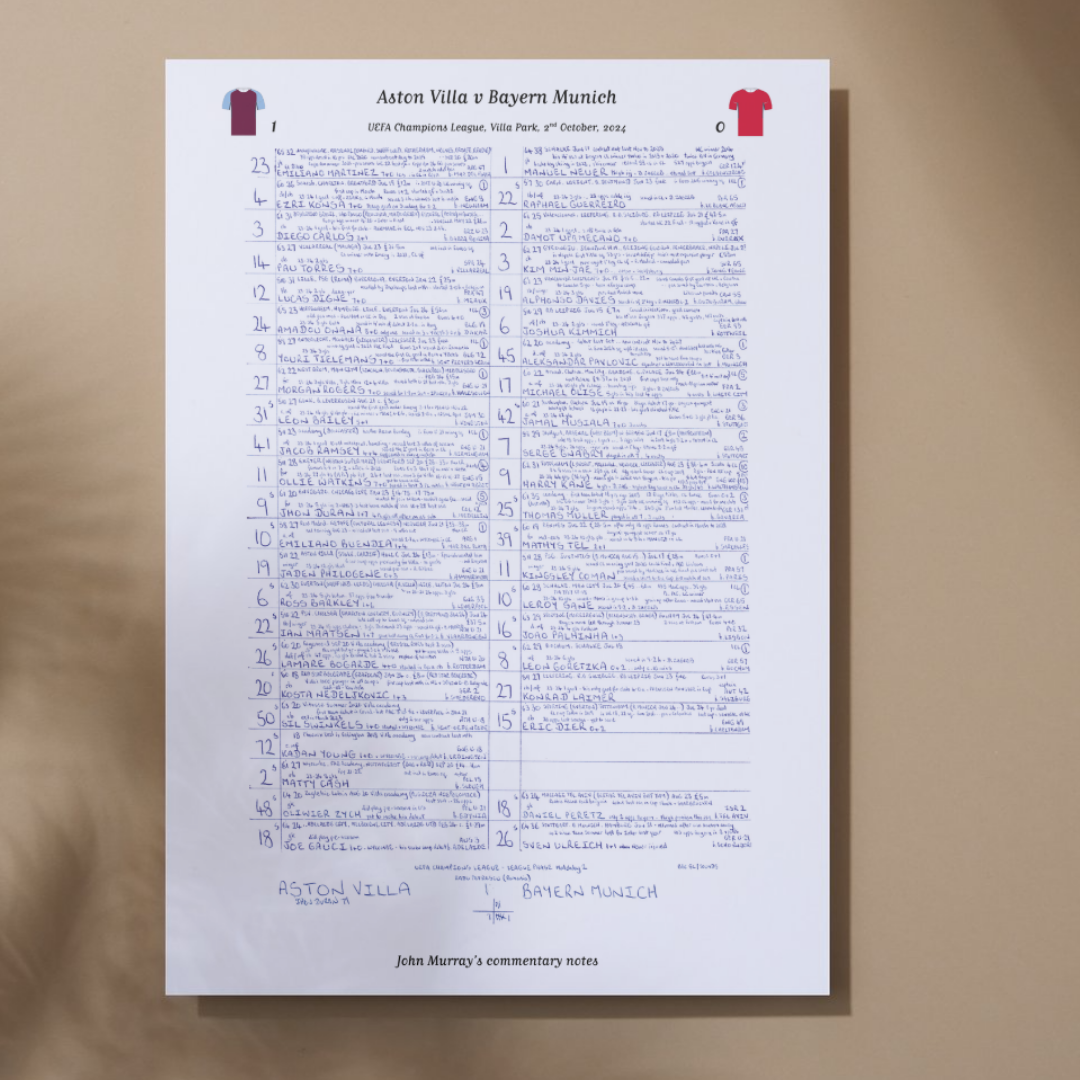 FOOTBALL Aston Villa v Bayern Munich Champions League Villa Park October 2 2024. John Murray. A3 Print Picture Frames