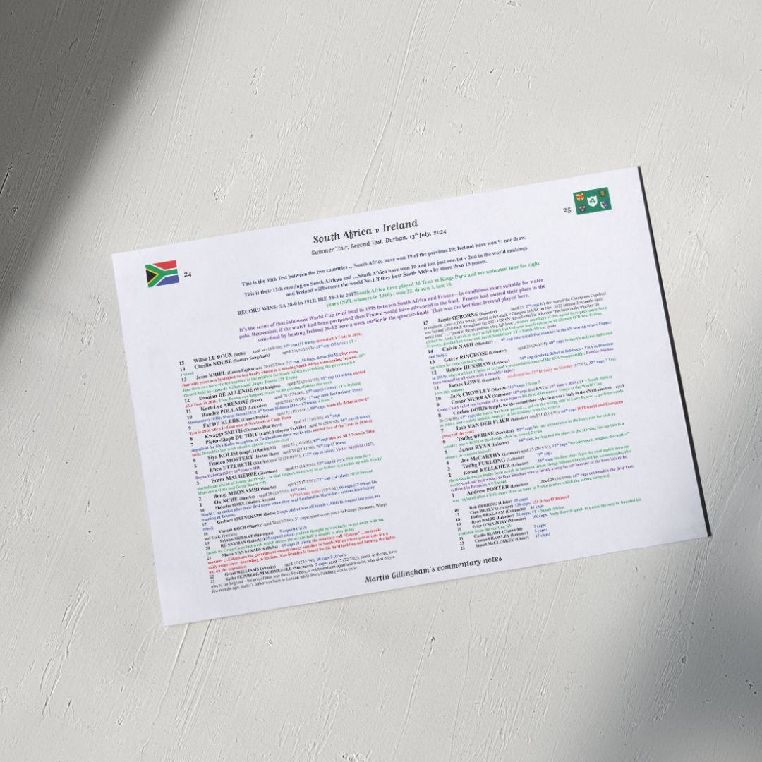 RUGBY UNION South Africa v Ireland Summer Tour Second Test Durban July 13 2024. Martin Gillingham A3 Print Only Picture