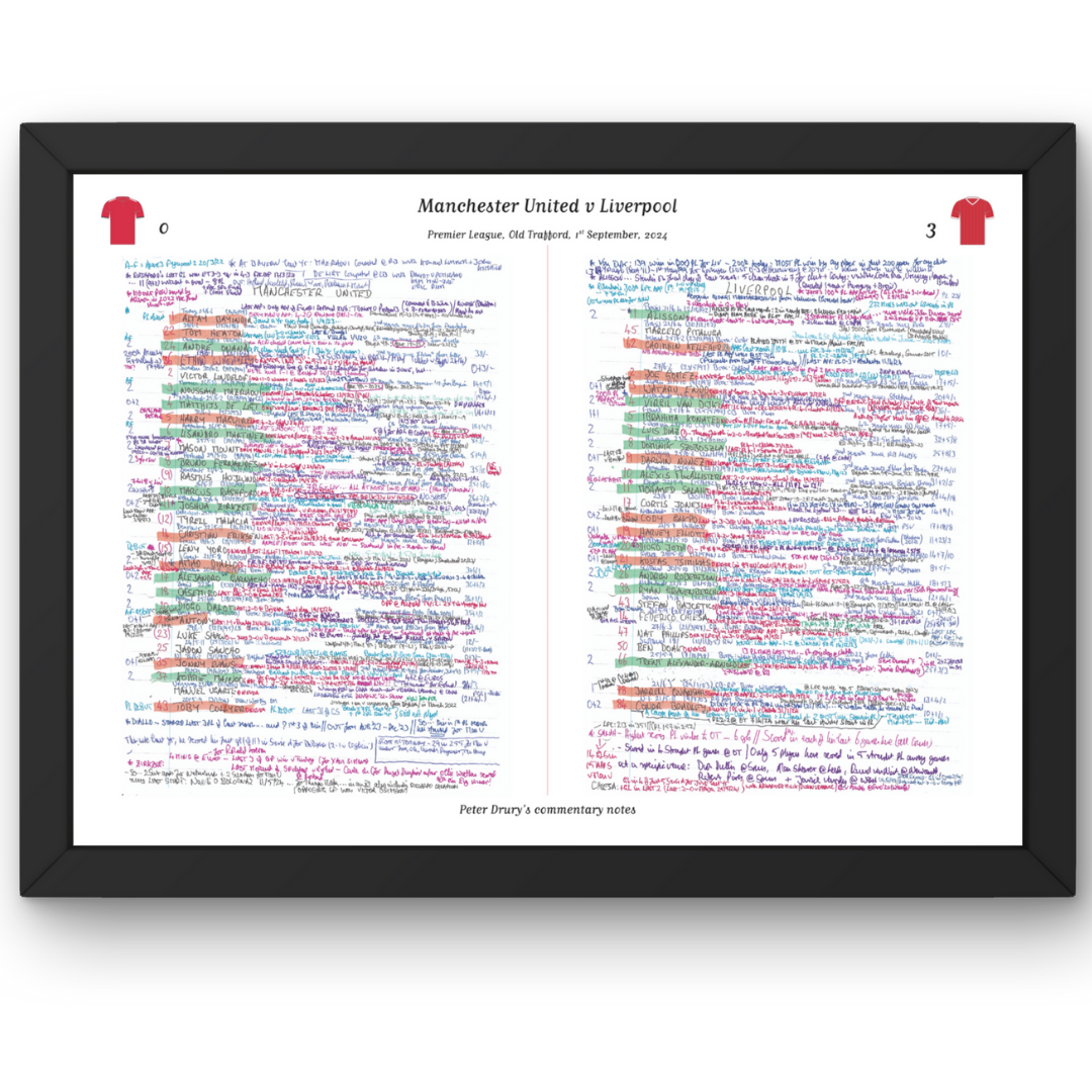 FOOTBALL Manchester United v Liverpool Premier League Old Trafford 1 September 2024. Peter Drury. A3 Framed Print