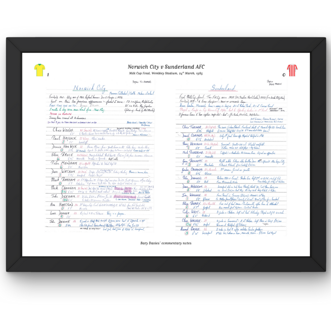 FOOTBALL Norwich City v Sunderland AFC Milk Cup Final Wembley Stadium. March 24 1985. Barry Davies. A3 Framed Print