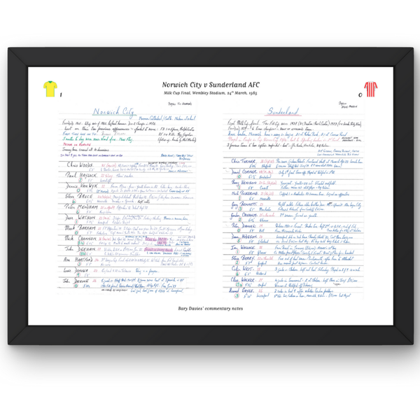 FOOTBALL Norwich City v Sunderland AFC Milk Cup Final Wembley Stadium. March 24 1985. Barry Davies. A3 Framed Print