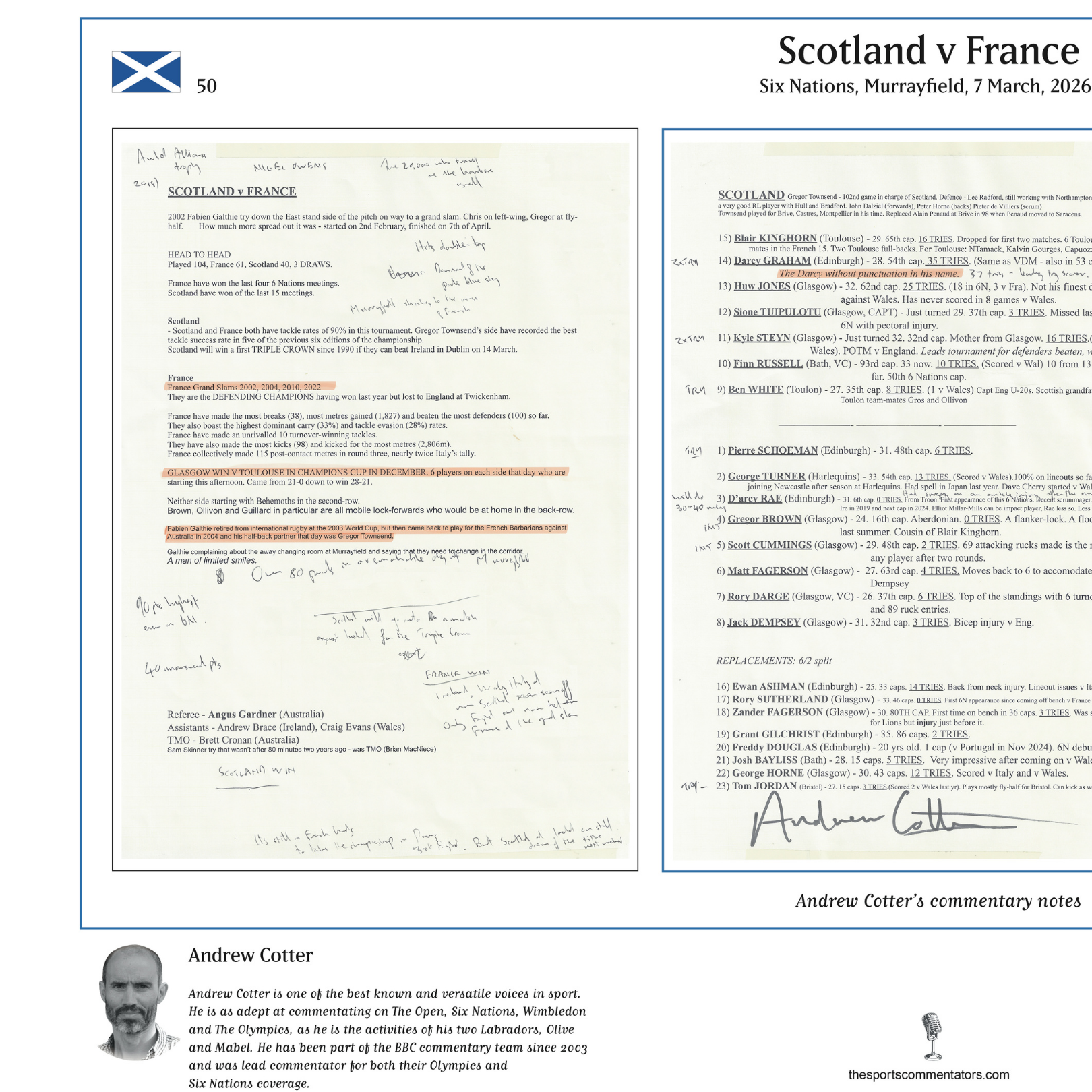 RUGBY UNION Scotland v France, Six Nations, Murrayfield. 7 March, 2026. Andrew Cotter.