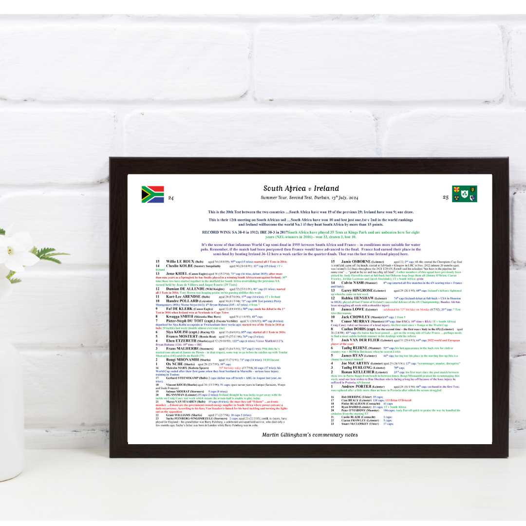 RUGBY UNION South Africa v Ireland Summer Tour Second Test Durban July 13 2024. Martin Gillingham A3 Framed Print