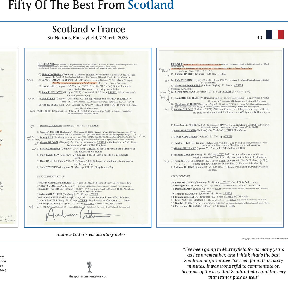 RUGBY UNION Scotland v France, Six Nations, Murrayfield. 7 March, 2026. Andrew Cotter.