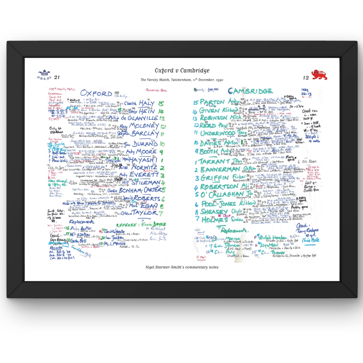 RUGBY UNION Oxford v Cambridge Varsity Match Twickenham London. Dec 11 1990. Nigel Starmer-Smith. A3 Framed Print