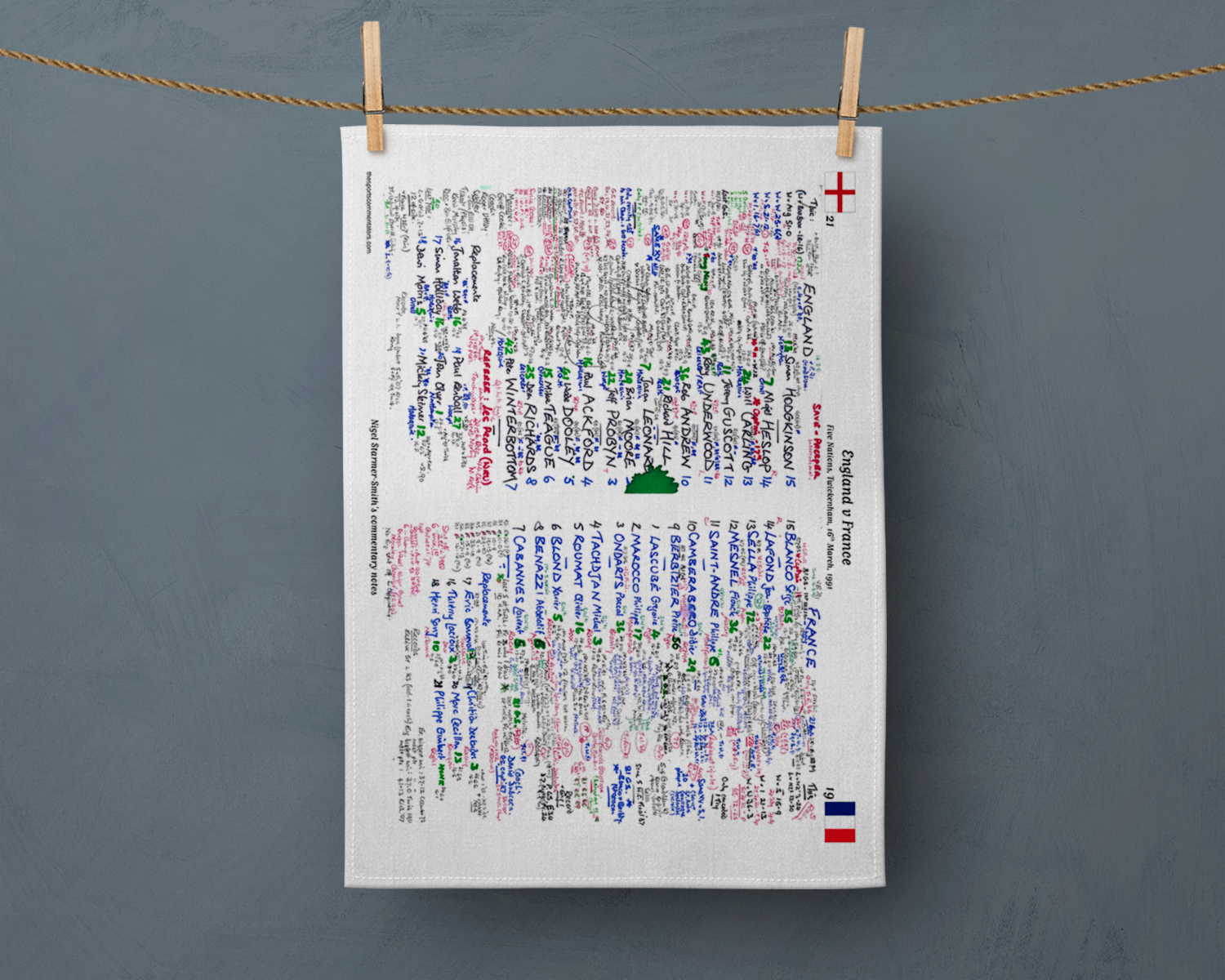 Tea Towel: Five Nations. England v France Twickenham 16 March 1991. Nigel Starmer-Smith Tea Towel