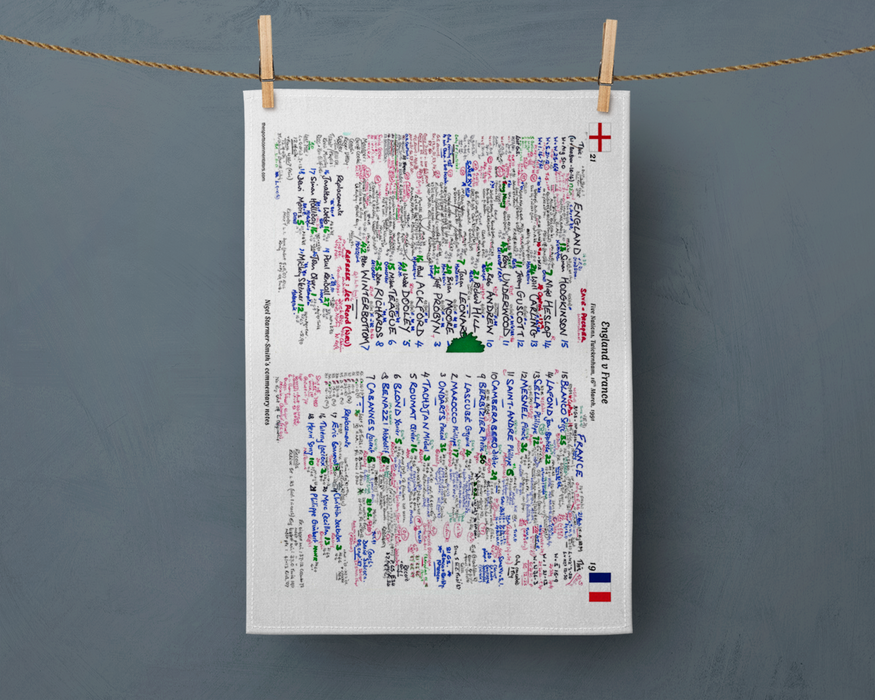 Tea Towel: Five Nations. England v France, Twickenham, 16 March 1991. Nigel Starmer-Smith