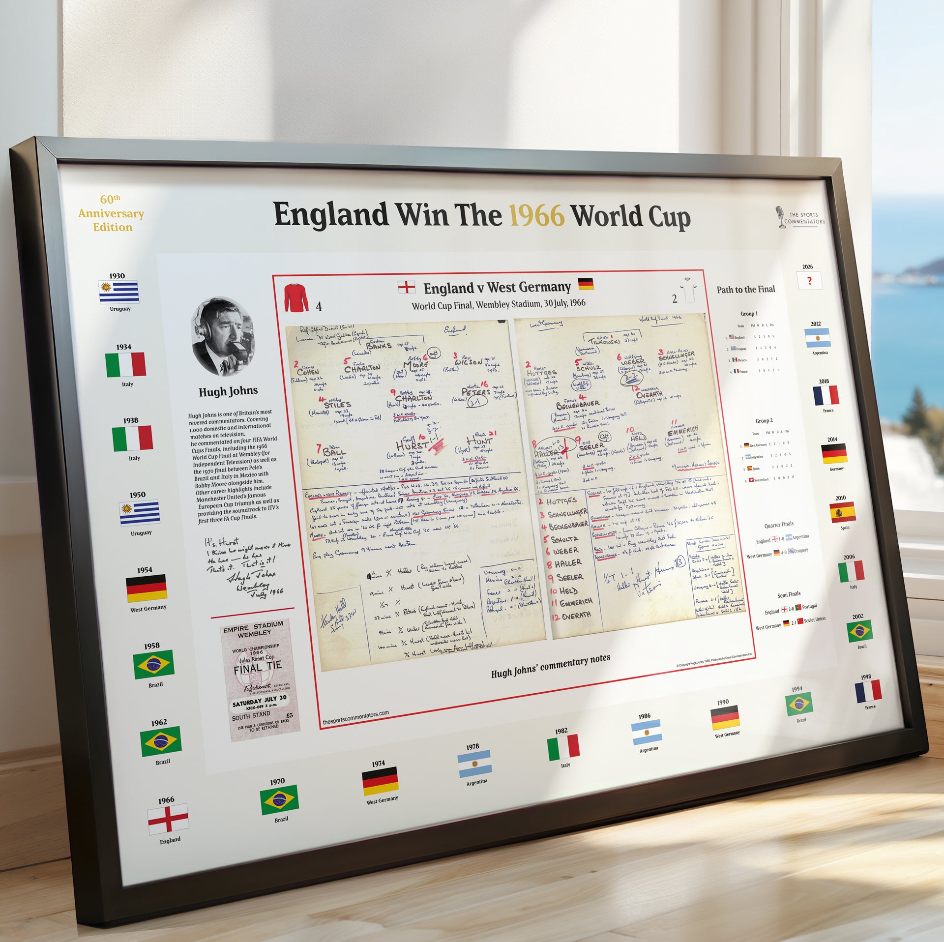 A framed commentary sheet celebrating England's 1966 World Cup win, featuring match notes, player portraits, handwritten scores, and small national team flags arranged around the poster. The framed print is photographed indoors on a light surface near a window.
