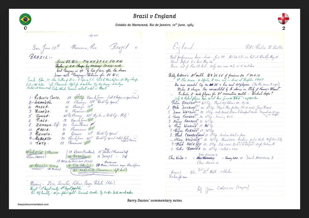 FOOTBALL Brazil v England, Estádio do Maracanã, Rio de Janeiro, 10 June, 1984 . Barry Davies