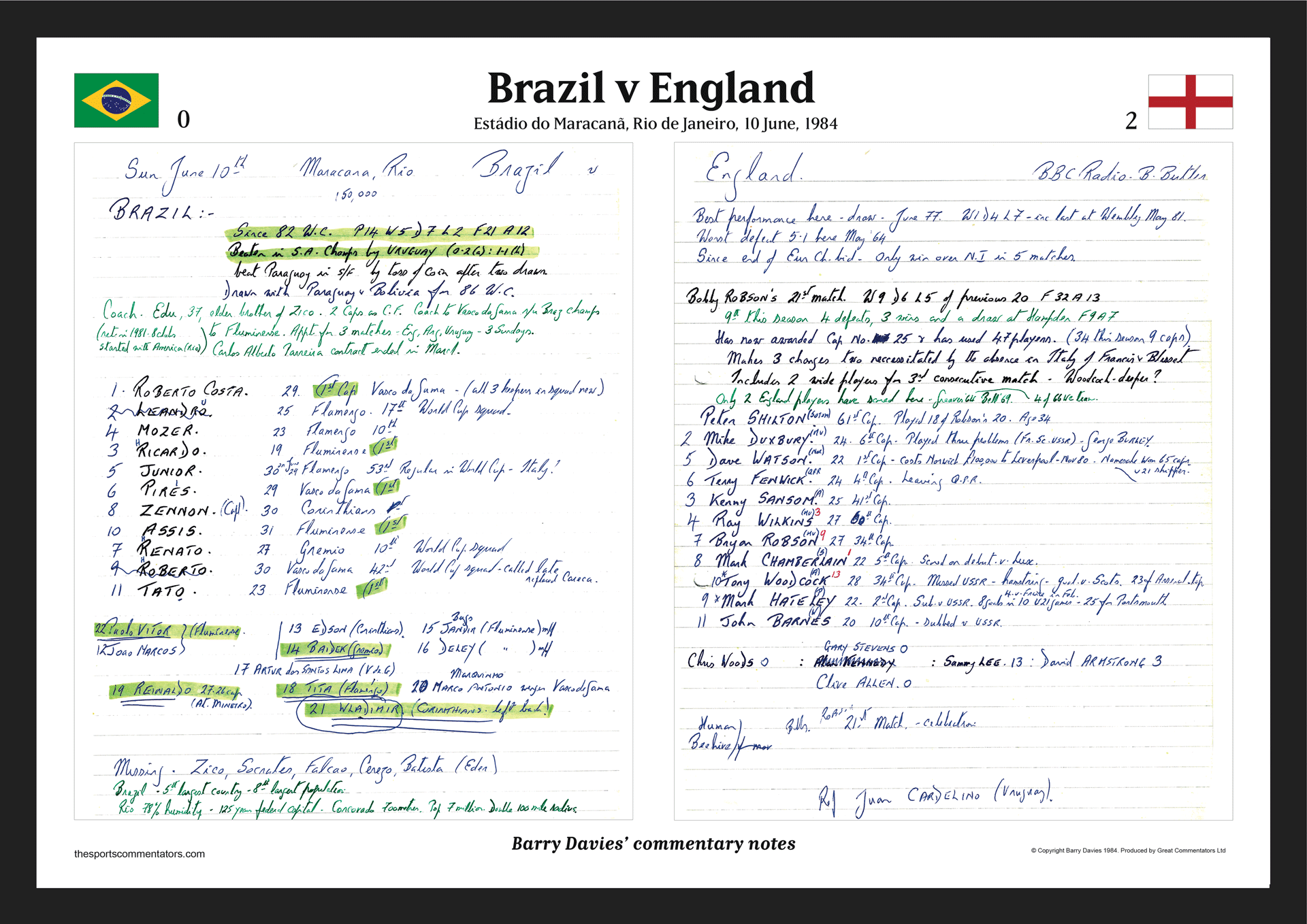 FOOTBALL Brazil v England, Estádio Maracanã, Rio de Janeiro, 10 June, 1984 . Barry Davies do
