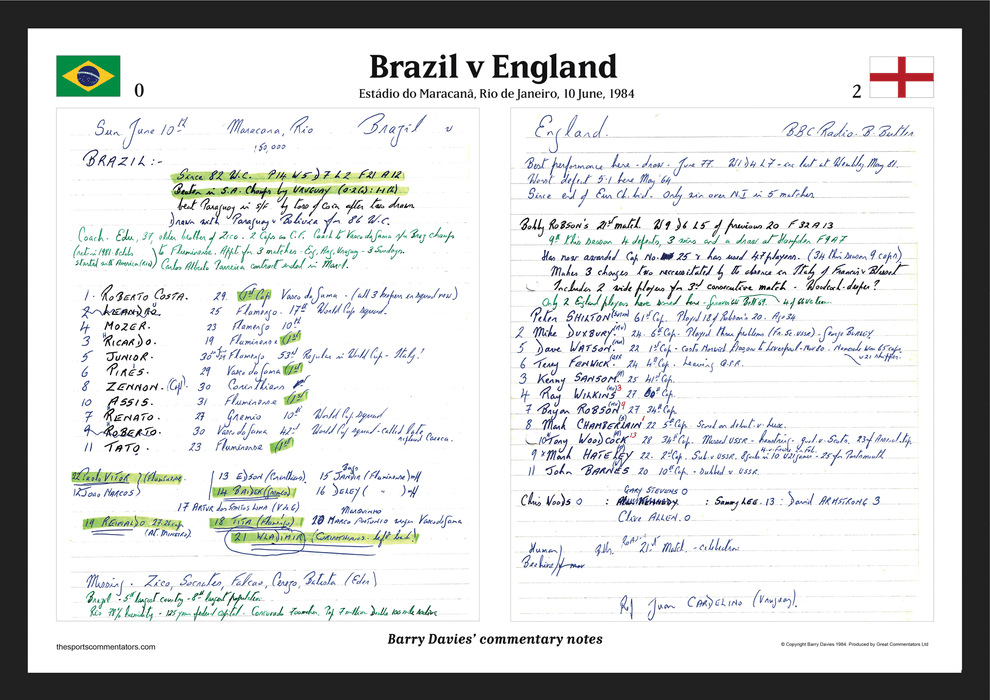 FOOTBALL Brazil v England, Estádio Maracanã, Rio de Janeiro, 10 June, 1984 . Barry Davies do