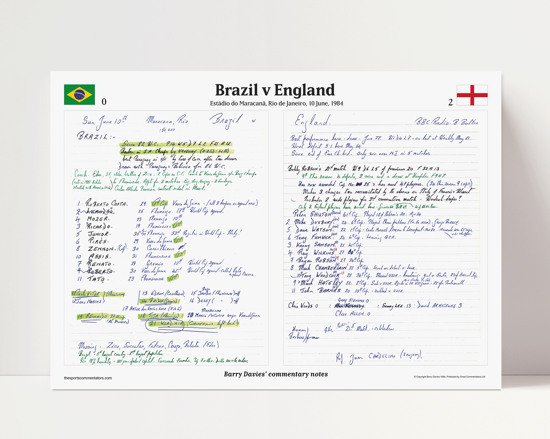 FOOTBALL Brazil v England, Estádio Maracanã, Rio de Janeiro, 10 June, 1984 . Barry Davies do