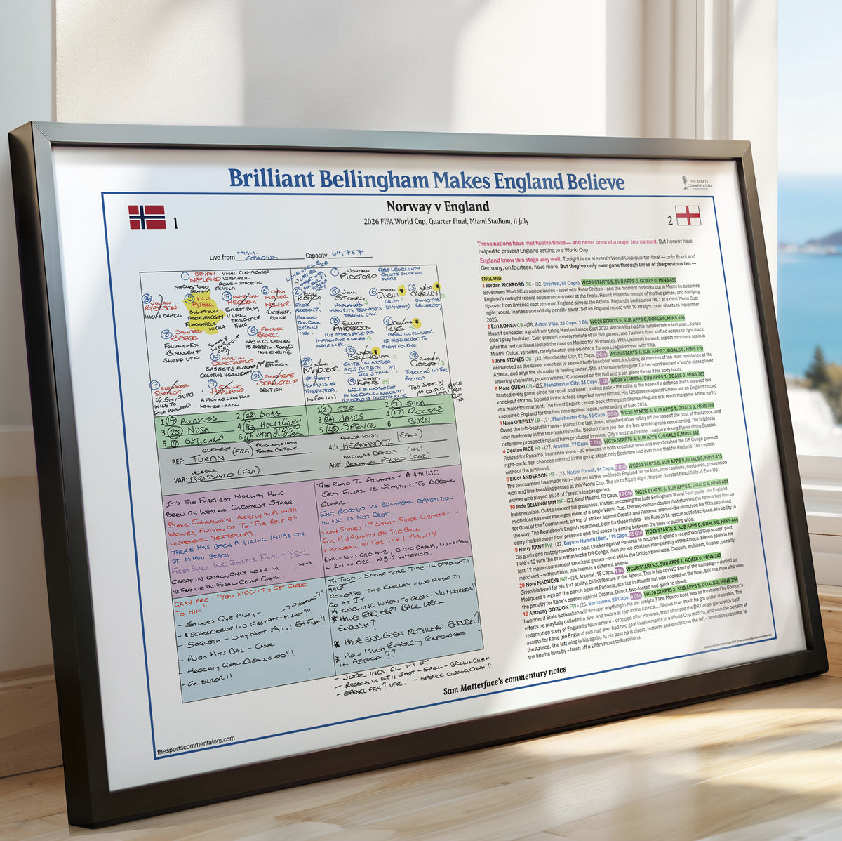 A framed print of Sam Matterface's original commentary notes to England against Norway in the World Cup 2026. the frame is leaning against a window on a wooden surfac.