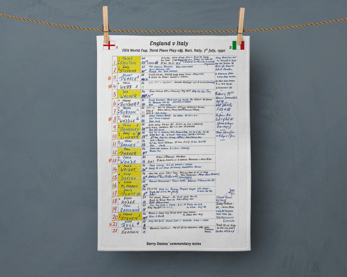 Tea Towel: FIFA World Cup England v Italy Bari 7 July 1990. Barry Davies Tea Towel