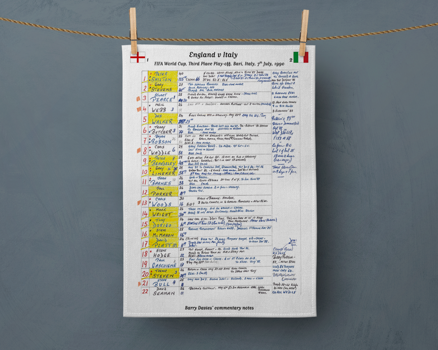 Tea Towel: FIFA World Cup, England v Italy, Bari, 7 July 1990. Barry Davies