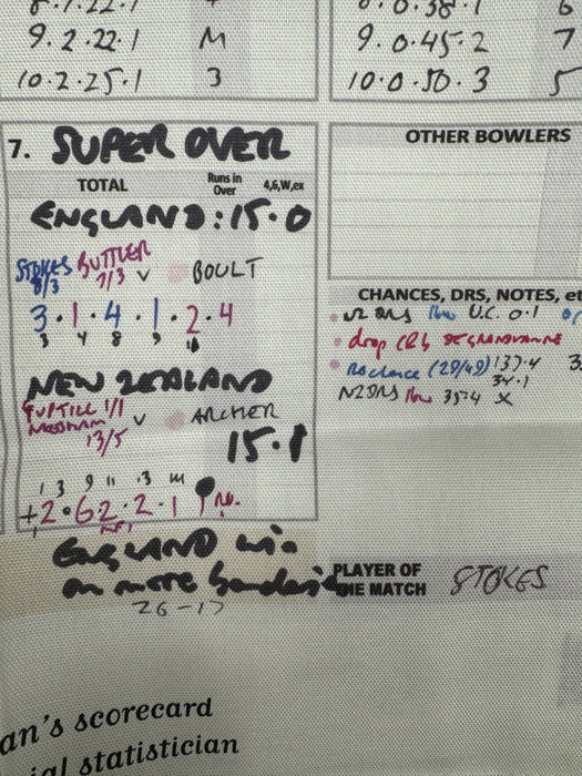 Tea Towel: Cricket World Cup Final, England v New Zealand, Lord's, 2019. Andy Zaltzman