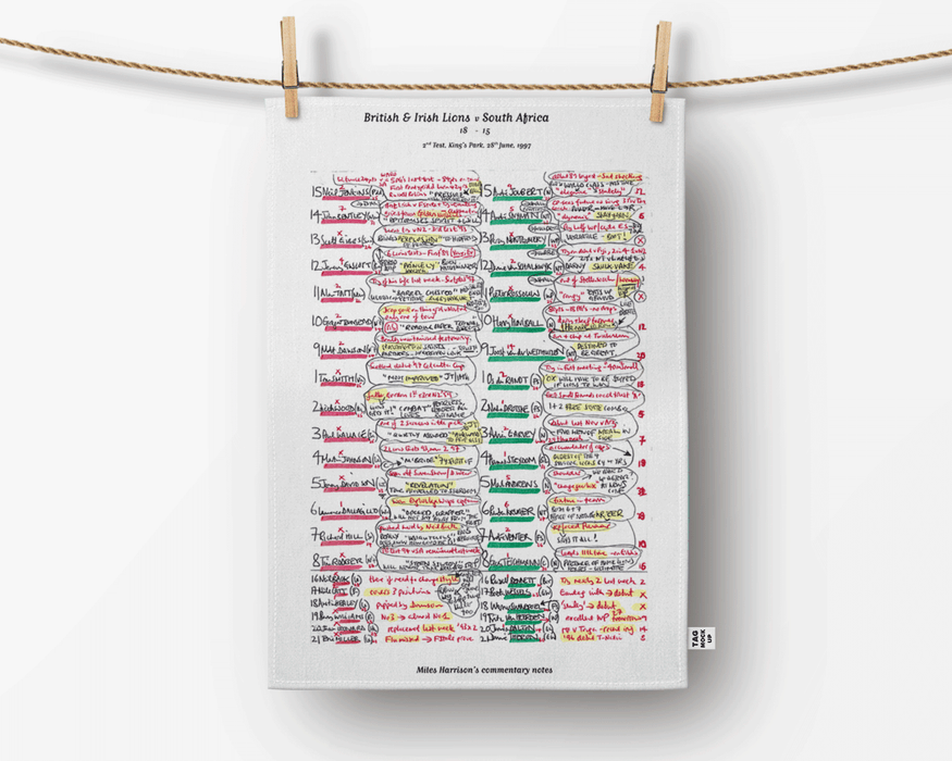 Tea Towel: British and Irish Lions v South Africa, 2nd Test, Kings Park, June 28, 1997. Miles Harrison