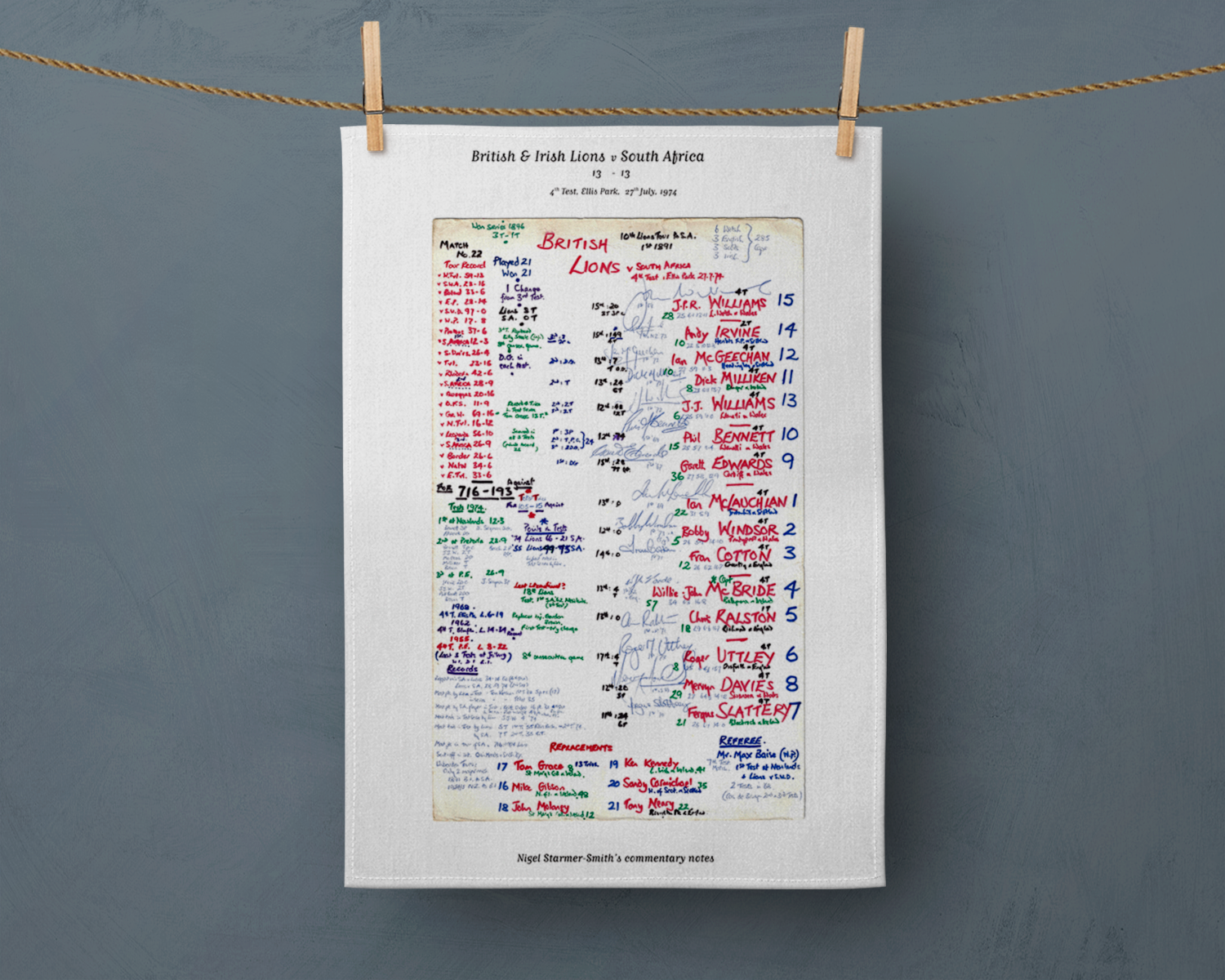 Tea Towel: British and Irish Lions v South Africa 4th Test Ellis Park 1974. Nigel Starmer- Smith Tea Towel