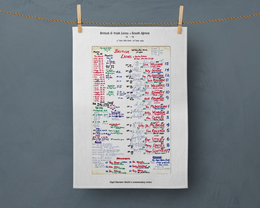 Tea Towel: British and Irish Lions v South Africa, 3rd Test, Ellis Park, 1974. Nigel Starmer- Smith