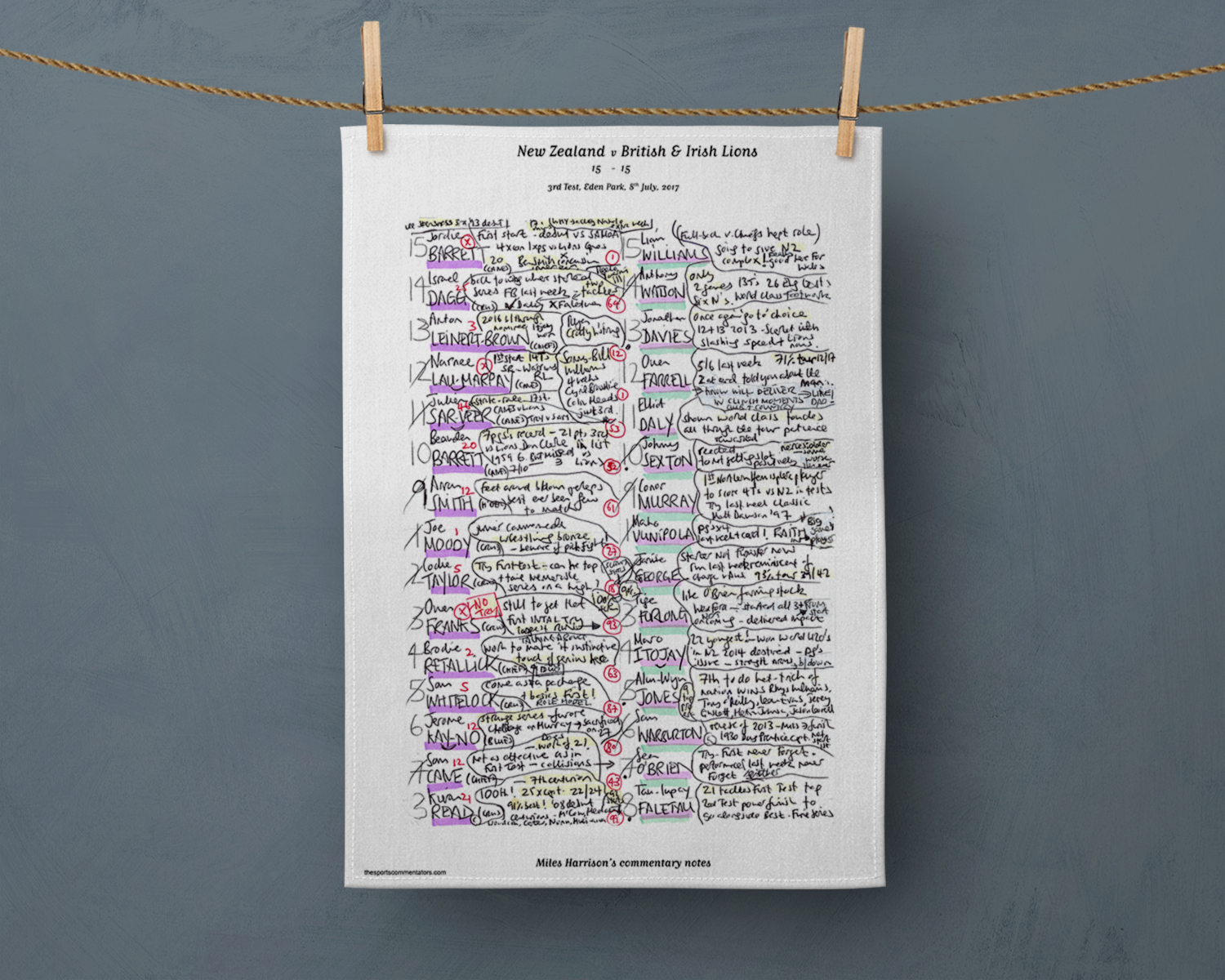 Tea Towel: British and Irish Lions v New Zealand 3rd Test Eden Park July 8 2017. Miles Harrison Tea Towel
