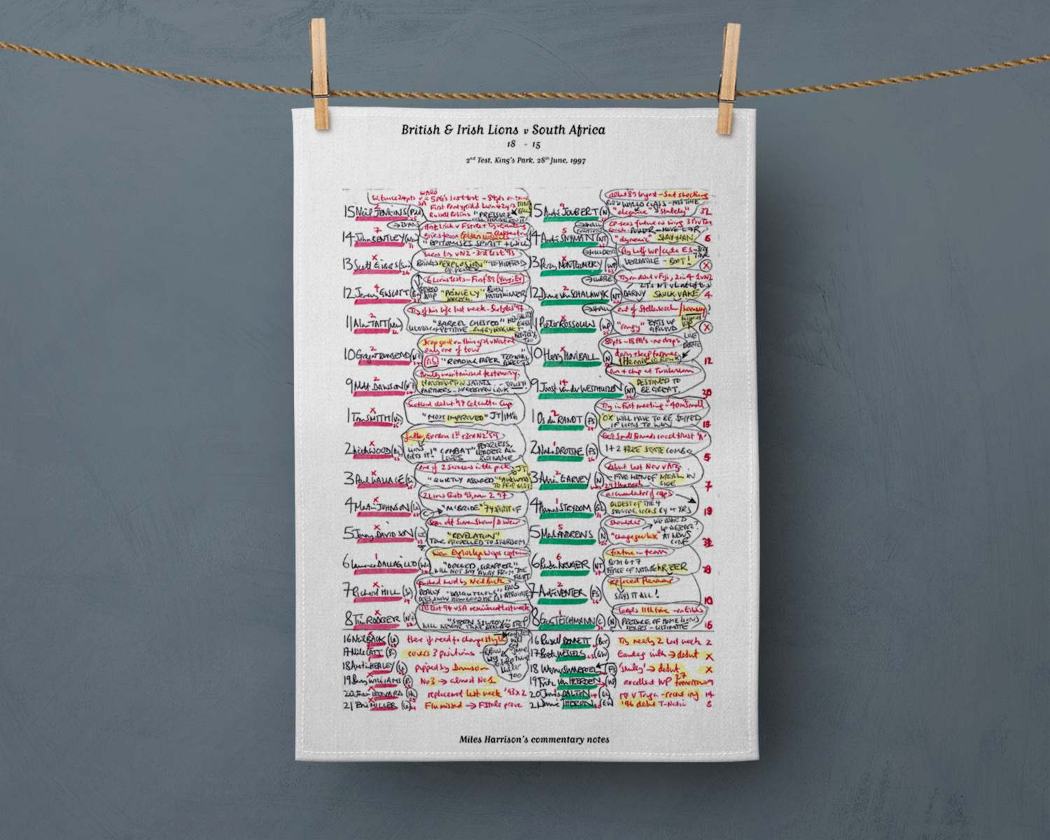 Tea Towel: British and Irish Lions v South Africa 2nd Test Kings Park June 28 1997. Miles Harrison Tea Towel