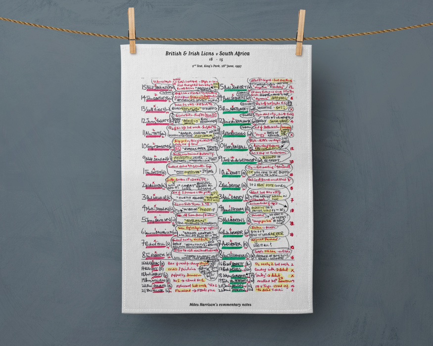 Tea Towel: British and Irish Lions v South Africa, 2nd Test, Kings Park, June 28, 1997. Miles Harrison