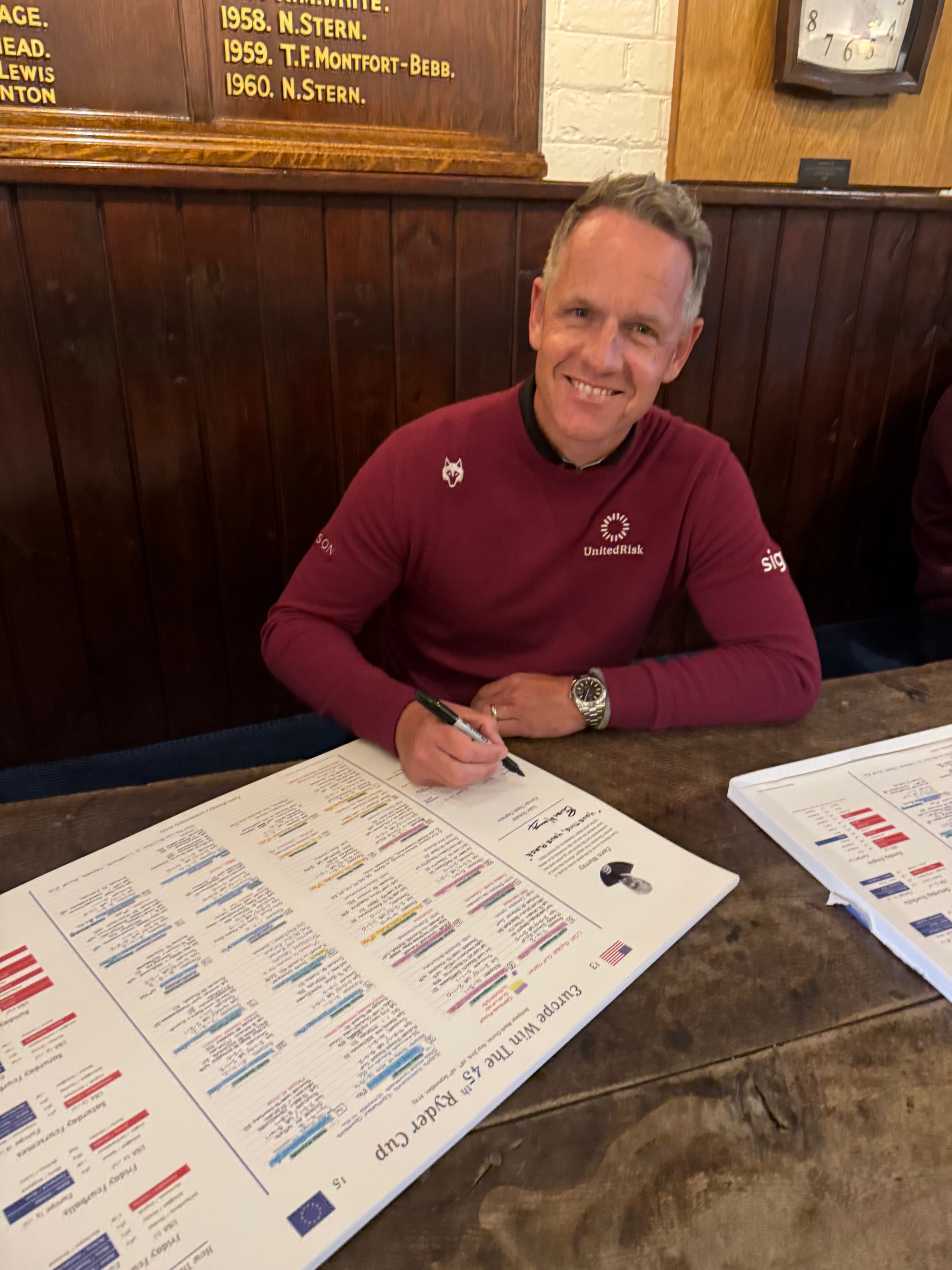 Luke Donald signing Ewen Murray's commentary sheet, wearing a maroon sweater sitting at a table with printed sheets, smiling.