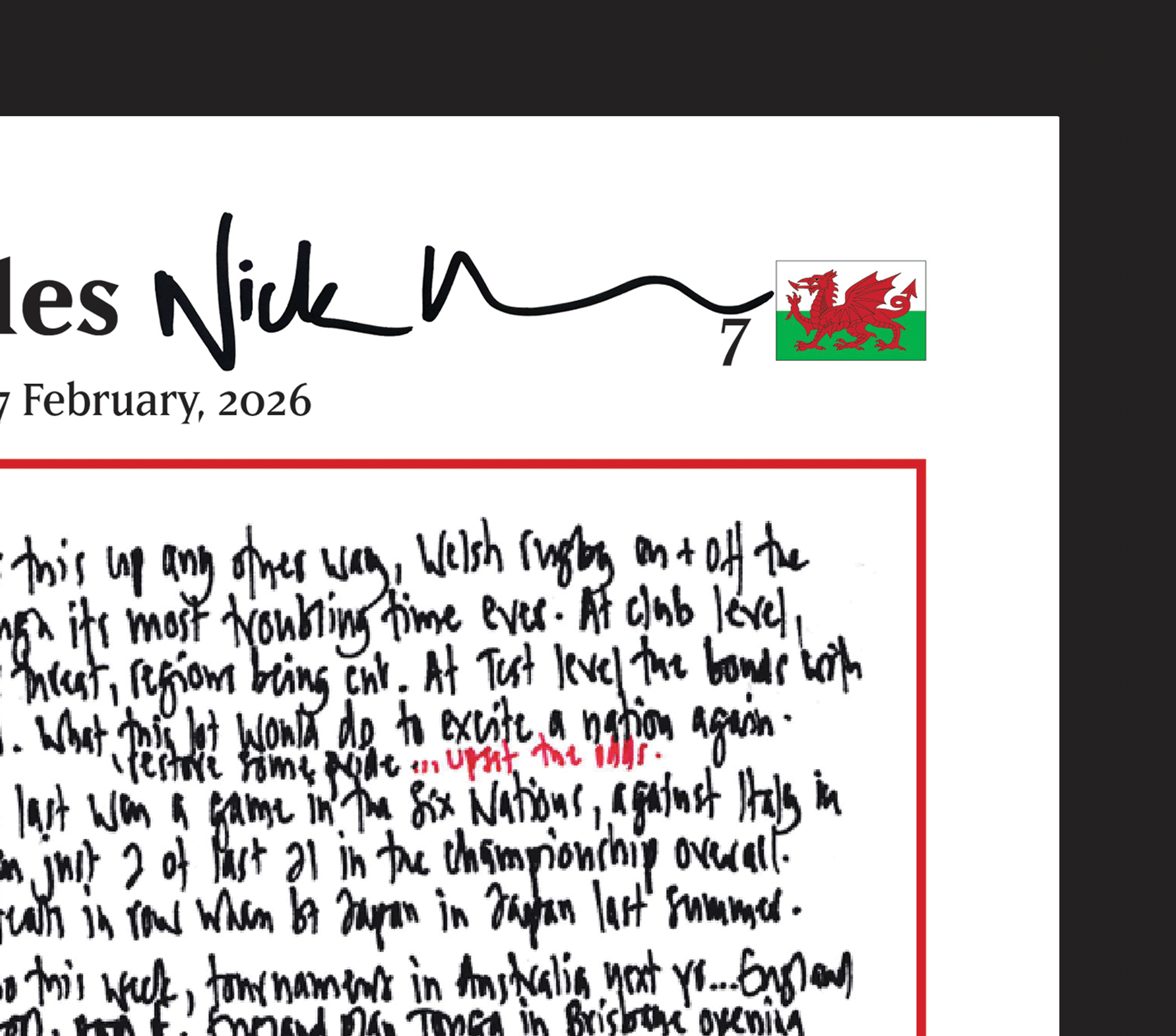 Rugby Union, Six Nations, England v Wales, 7 February, 2026. Nick Mullins.