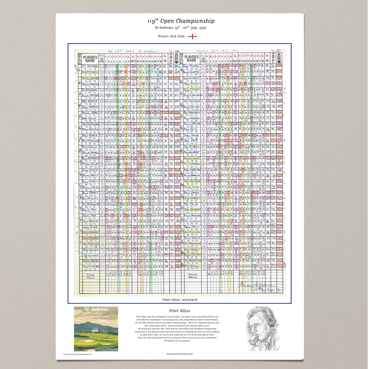 GOLF Nick Faldo wins The Open Championship St Andrews 19-22 July 1990. Peter Alliss A2 Print Only Picture Frames