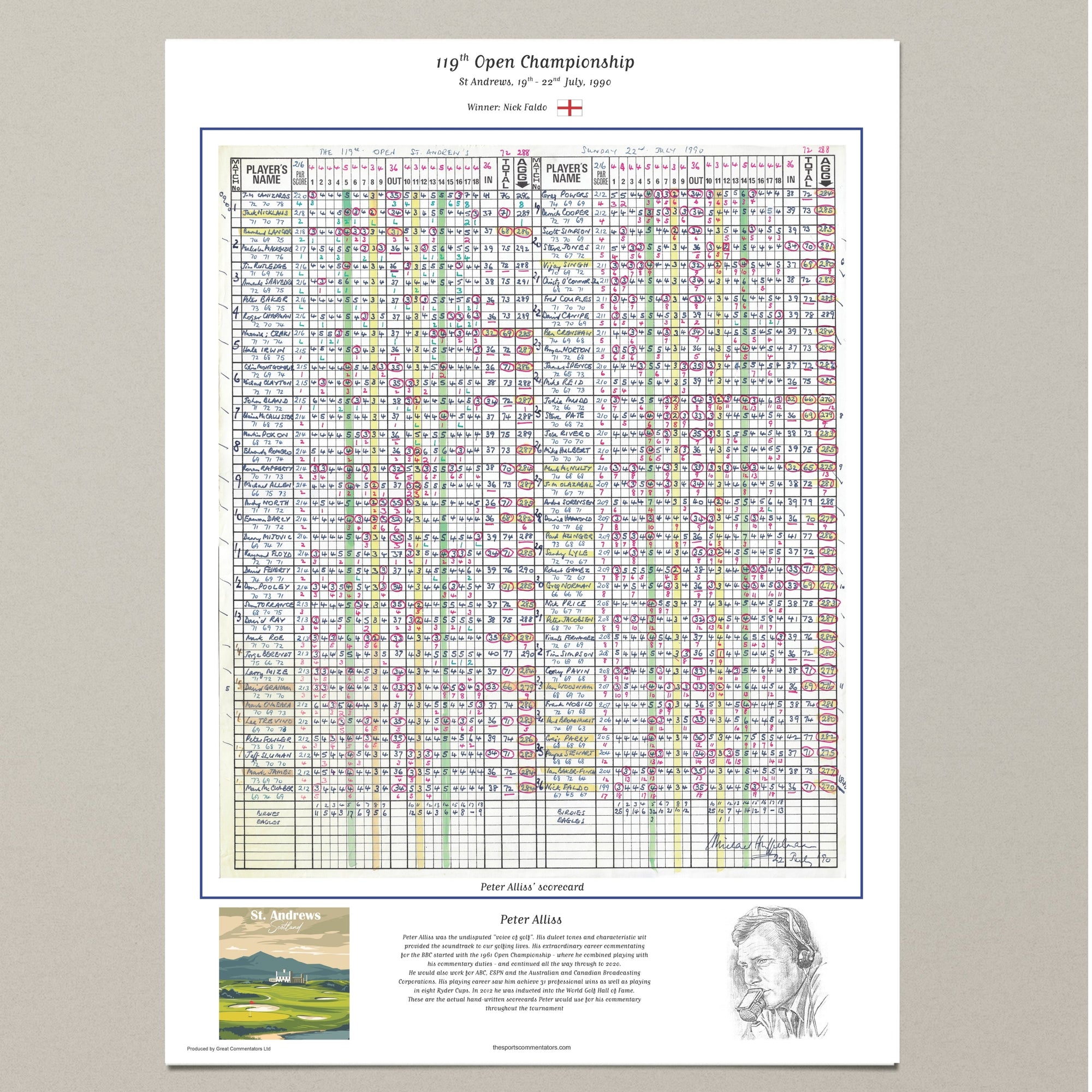 GOLF Nick Faldo wins The Open Championship St Andrews 19-22 July 1990. Peter Alliss A2 Print Only Picture Frames