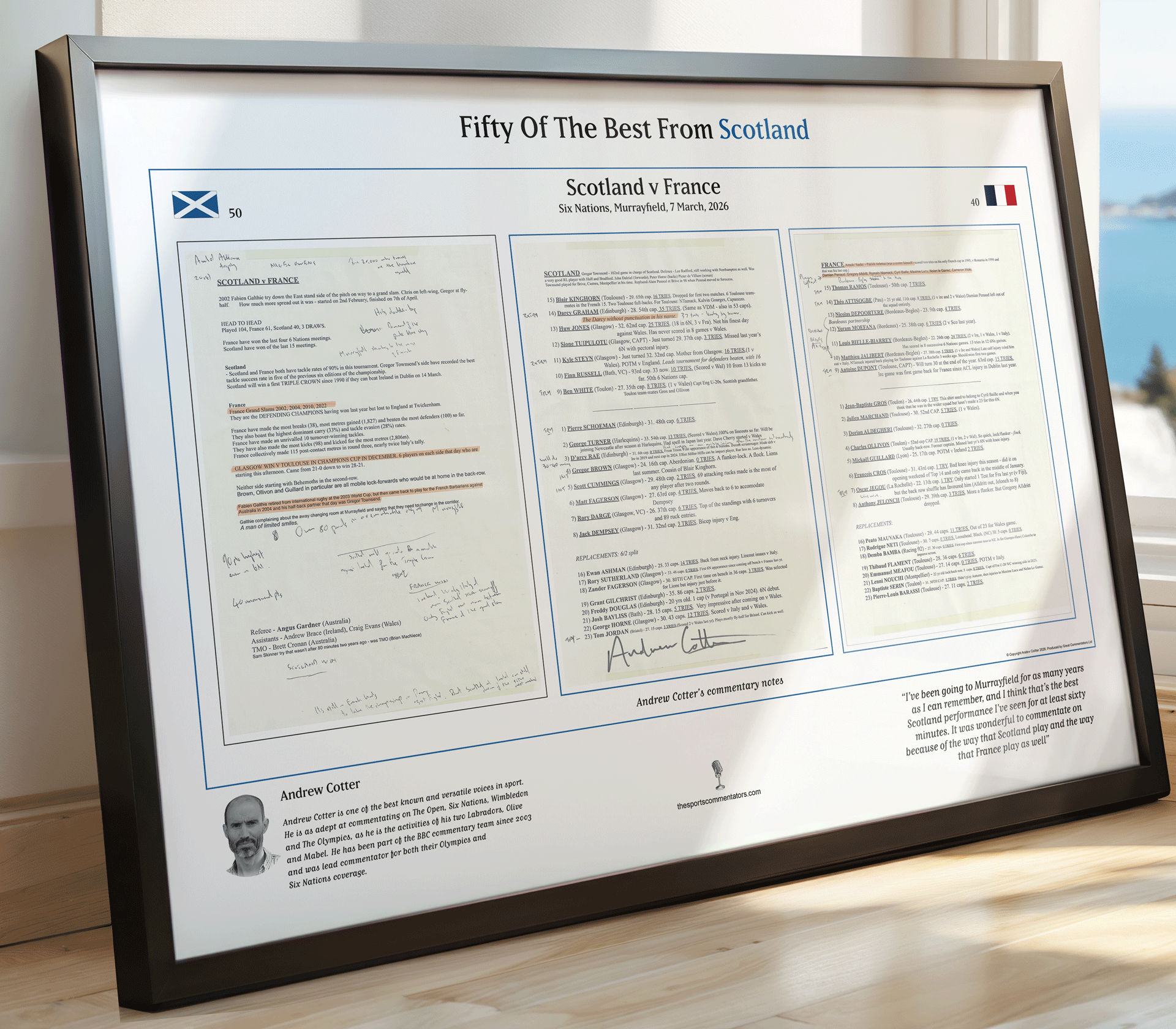 A print of Andrew Cotter's commentary notes to Scotland v France Six nations game at Murrayfield