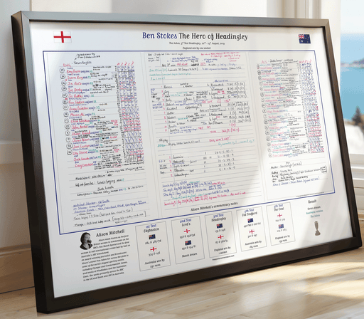 A  print of Alison Mitchell's commentary notes for Ben Stokes match-wining innings in the third test at Headingley in 2019