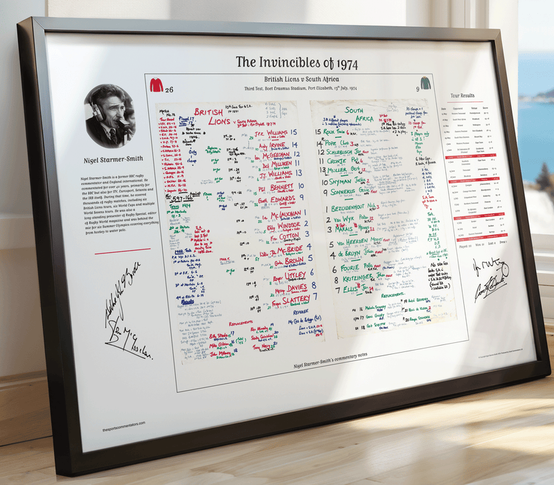 Nigel Starmer-Smith's commentary sheets for the 1974 Lions Tour of South Africa signed by Willie John McBride, Ian McGeechan, Gareth Edwards and Roger Uttley