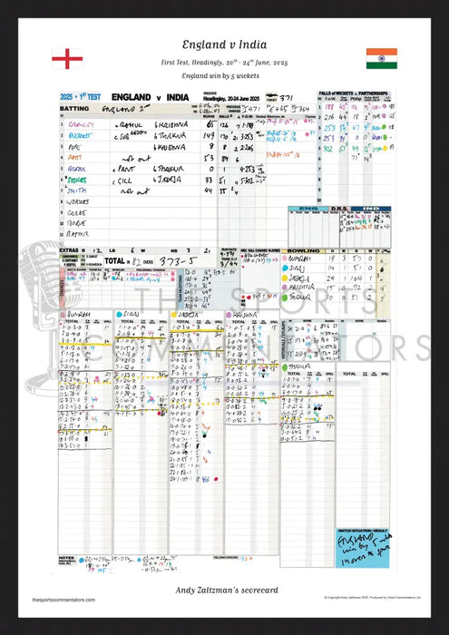 CRICKET England v India First Test Headingley 20-24 June 2025. Andy Zaltzman. A3 Framed Print (final innings) Picture