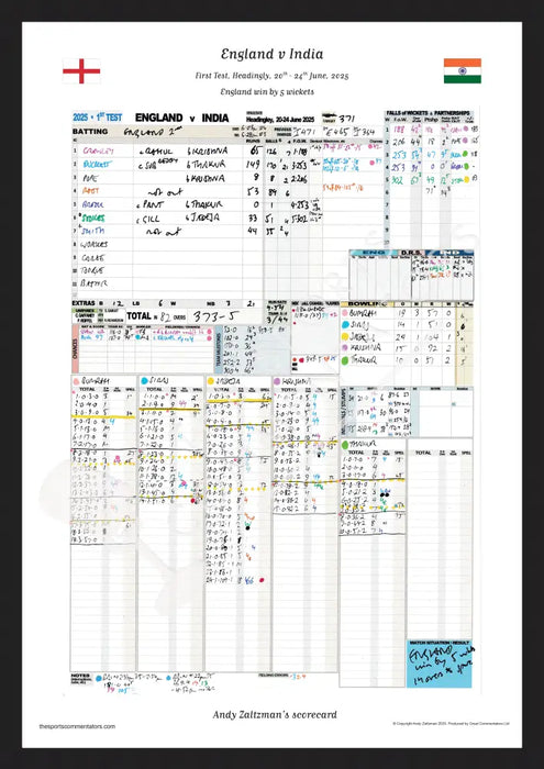 CRICKET England v India First Test Headingley 20-24 June 2025. Andy Zaltzman. A3 Framed Print (final innings) Picture