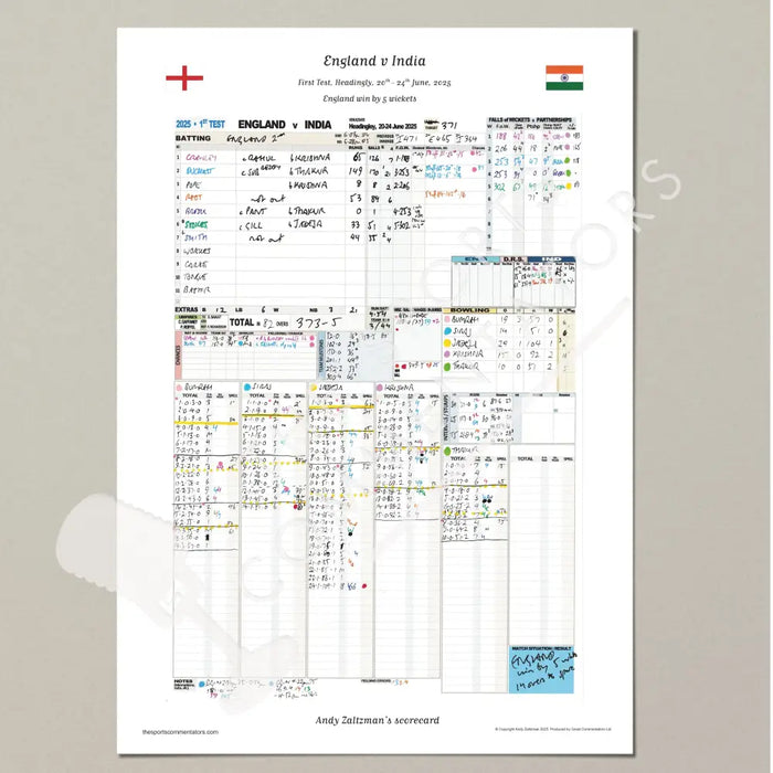 CRICKET England v India First Test Headingley 20-24 June 2025. Andy Zaltzman. A3 Print Only (final innings) Picture